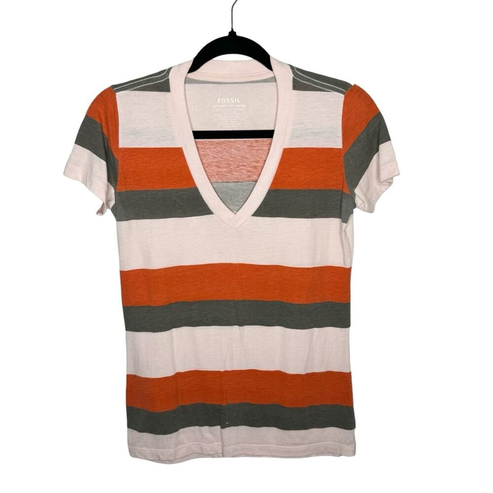 FOSSIL / pink orange gray striped deep v-neck tee / S